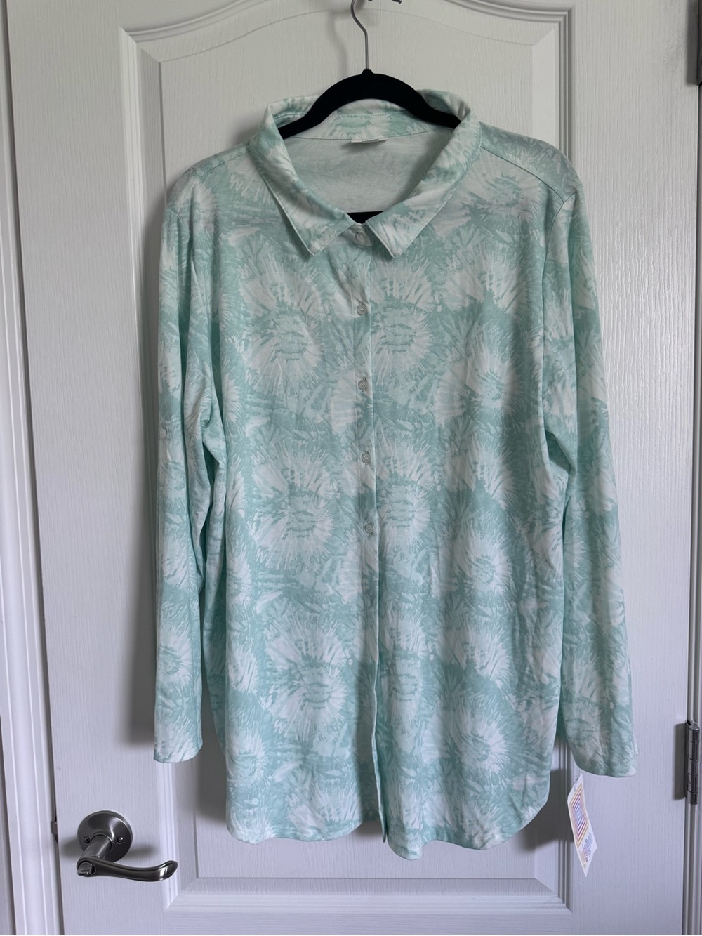 LuLaRoe Valentina Mint Green and White Button Down Shirt